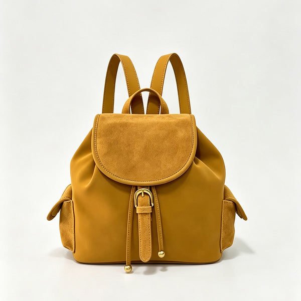 Small Suede Backpack for Women Vintage Brown Leather-Trimmed Drawstring Daypack Casual