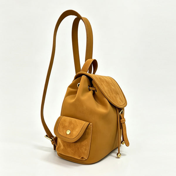 Small Suede Backpack for Women Vintage Brown Leather-Trimmed Drawstring Daypack Chic