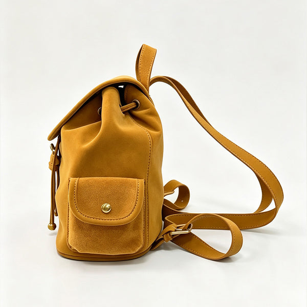 Small Suede Backpack for Women Vintage Brown Leather-Trimmed Drawstring Daypack Classic
