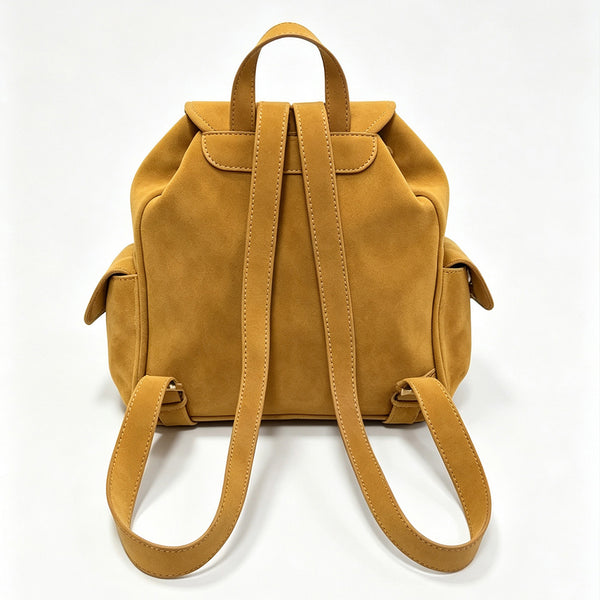 Small Suede Backpack for Women Vintage Brown Leather-Trimmed Drawstring Daypack Classy