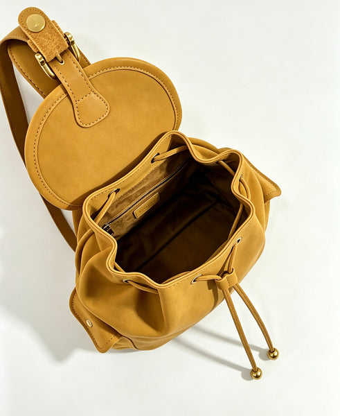 Small Suede Backpack for Women Vintage Brown Leather-Trimmed Drawstring Daypack Cool