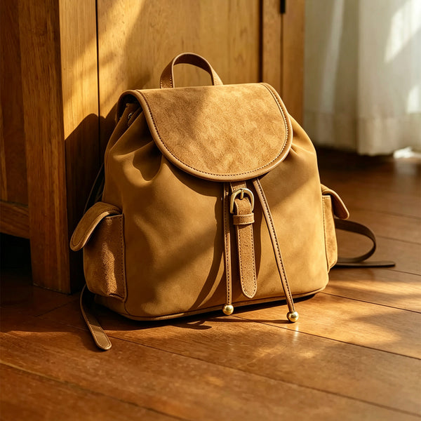 Small Suede Backpack for Women Vintage Brown Leather-Trimmed Drawstring Daypack
