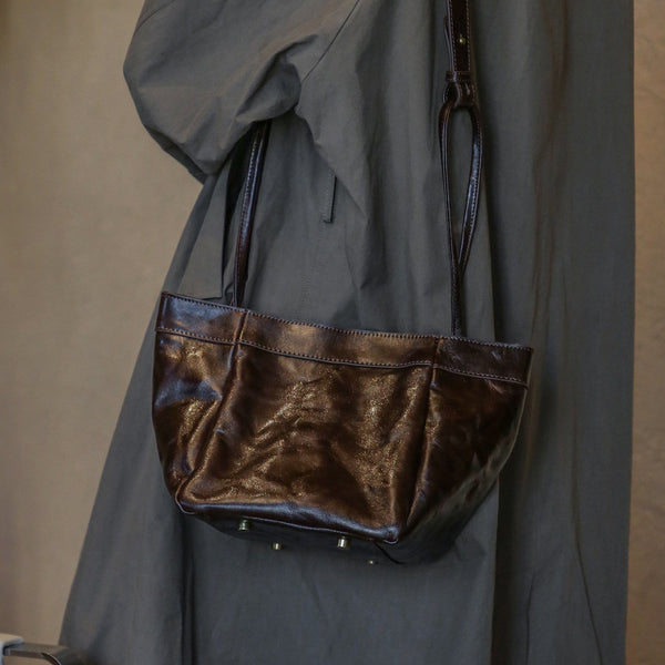 Small Textured Leather Bucket Bag for Women Vintage Cowhide Tote Crossbody Purse Badass