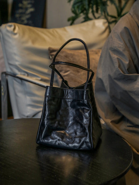 Small Textured Leather Bucket Bag for Women Vintage Cowhide Tote Crossbody Purse Black