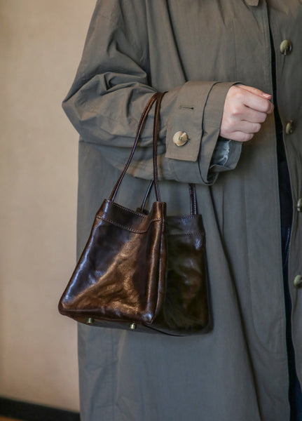 Small Textured Leather Bucket Bag for Women Vintage Cowhide Tote Crossbody Purse Chic