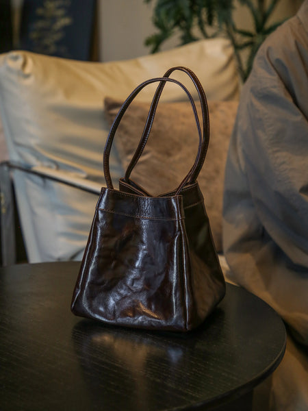 Small Textured Leather Bucket Bag for Women Vintage Cowhide Tote Crossbody Purse Coffee