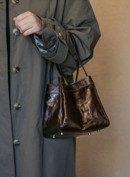 Small Textured Leather Bucket Bag for Women Vintage Cowhide Tote Crossbody Purse Cute