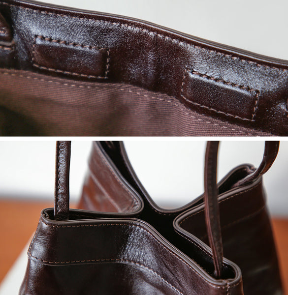 Small Textured Leather Bucket Bag for Women Vintage Cowhide Tote Crossbody Purse Details