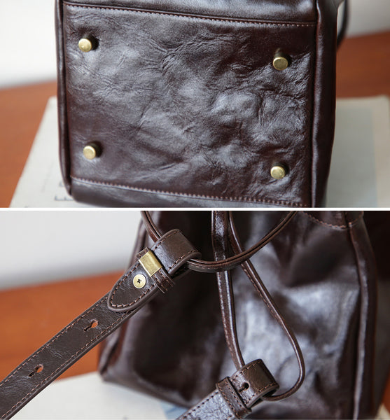 Small Textured Leather Bucket Bag for Women Vintage Cowhide Tote Crossbody Purse Durable
