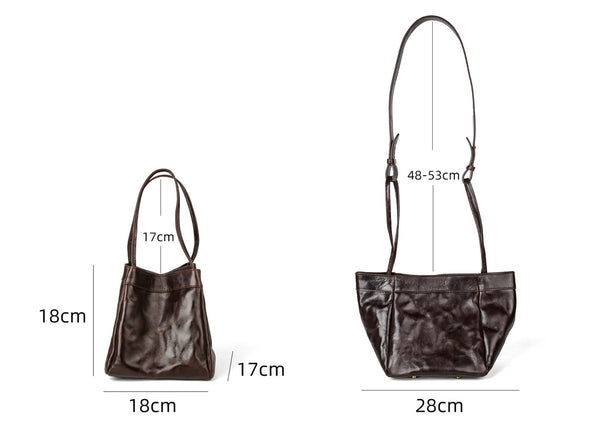 Small Textured Leather Bucket Bag for Women Vintage Cowhide Tote Crossbody Purse Size
