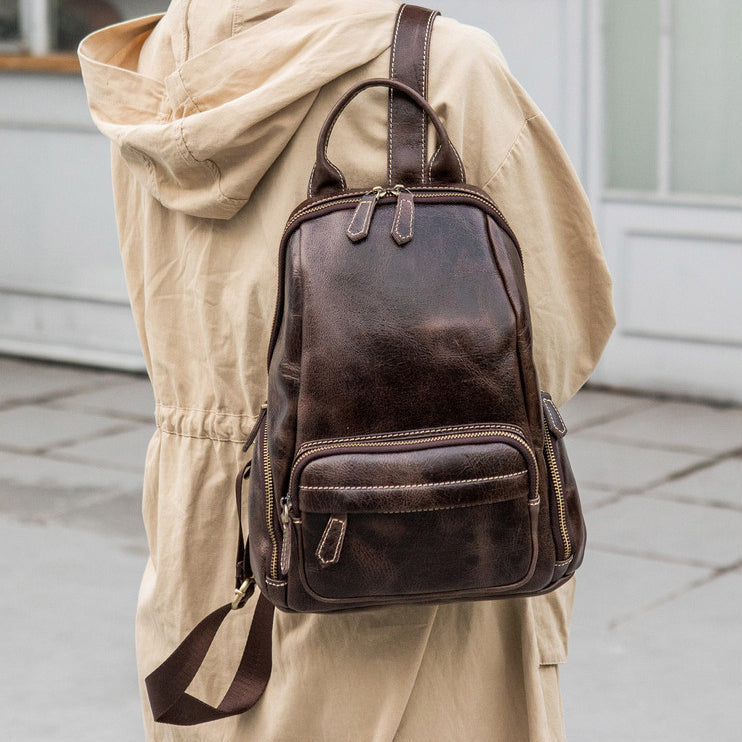 Small Vintage Leather Backpack for Women Genuine Cowhide Daypack