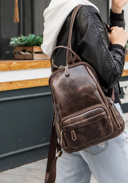 Small Vintage Leather Backpack for Women Genuine Cowhide Daypack Cool