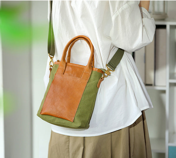 Small Women's Canvas And Leather Tote Bag Shoulder Handbags Classy