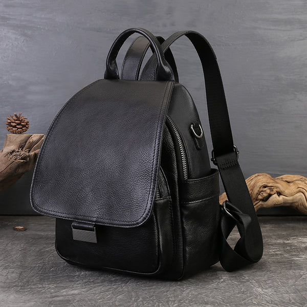 Small Womens Leather Backpack Bag Convertible Shoulder Bag Black