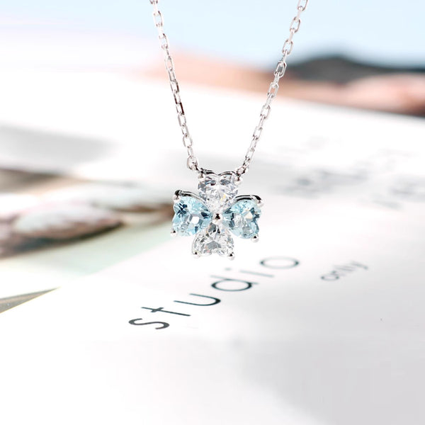 Sterling Silver Clover Aquamarine Pendant Necklace March Birthstone Pendant Necklace