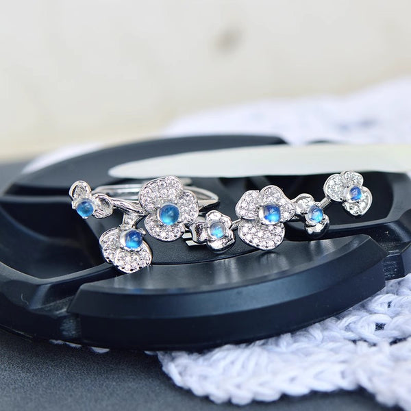 Sterling Silver Moonstone Flower Ring Adjustable Open Band White Gold Plated Designer