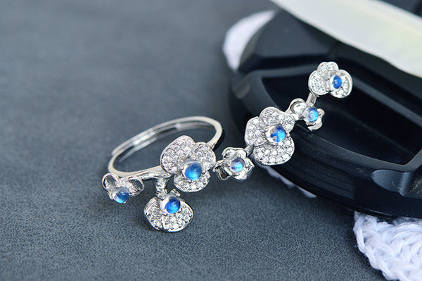Sterling Silver Moonstone Flower Ring Adjustable Open Band White Gold Plated Elegant