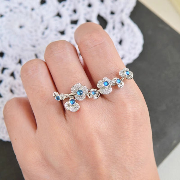 Sterling Silver Moonstone Flower Ring Adjustable Open Band White Gold Plated Fashionable