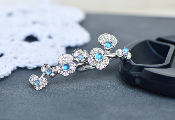 Sterling Silver Moonstone Flower Ring Adjustable Open Band White Gold Plated Gift