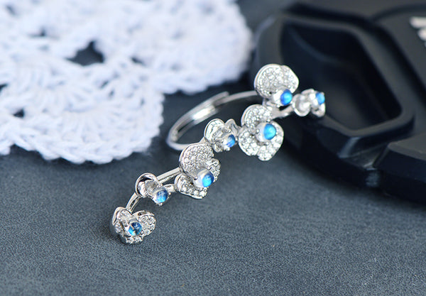 Sterling Silver Moonstone Flower Ring Adjustable Open Band White Gold Plated Stylish