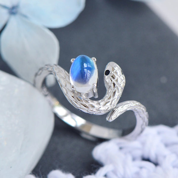 Sterling Silver Snake Ring with Natural Moonstone Adjustable Open Design for Women Accessories