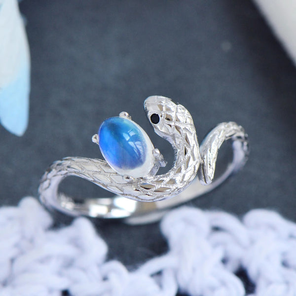 Sterling Silver Snake Ring with Natural Moonstone Adjustable Open Design for Women Affordable