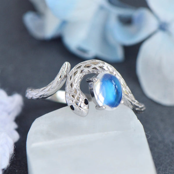 Sterling Silver Snake Ring with Natural Moonstone Adjustable Open Design for Women