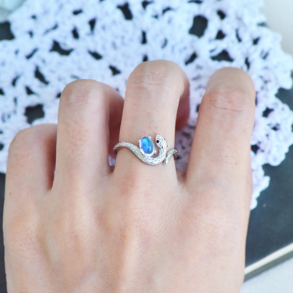 Sterling Silver Snake Ring with Natural Moonstone Adjustable Open Design for Women Chic