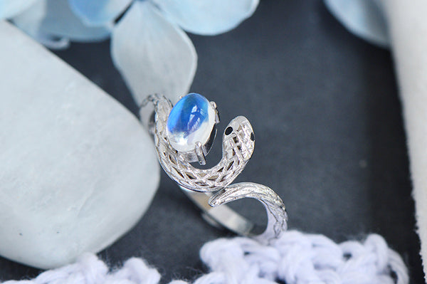 Sterling Silver Snake Ring with Natural Moonstone Adjustable Open Design for Women Cute
