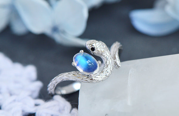 Sterling Silver Snake Ring with Natural Moonstone Adjustable Open Design for Women Elegant