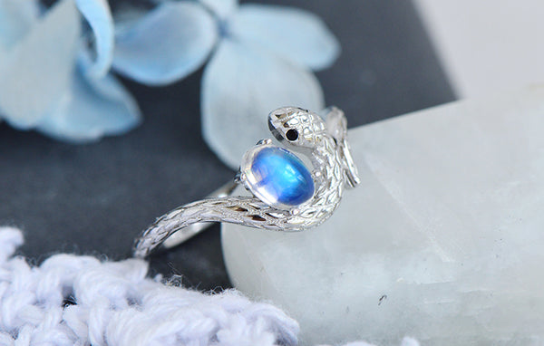 Sterling Silver Snake Ring with Natural Moonstone Adjustable Open Design for Women Fashion