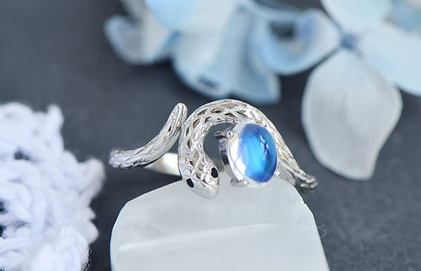 Sterling Silver Snake Ring with Natural Moonstone Adjustable Open Design for Women Fashionable