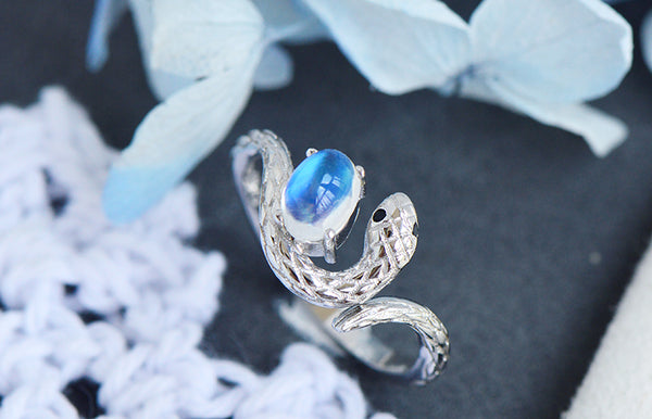 Sterling Silver Snake Ring with Natural Moonstone Adjustable Open Design for Women Gift