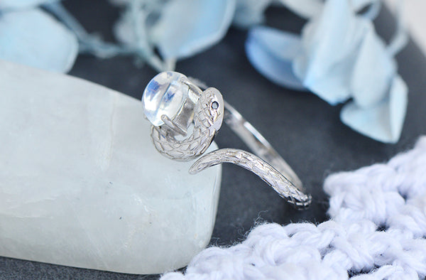 Sterling Silver Snake Ring with Natural Moonstone Adjustable Open Design for Women Handmade