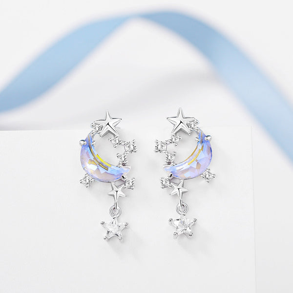 Sterling Silver Star and Moon Earrings Celestial Zircon Jewelry Beautiful