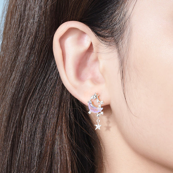 Sterling Silver Star and Moon Earrings Celestial Zircon Jewelry Chic