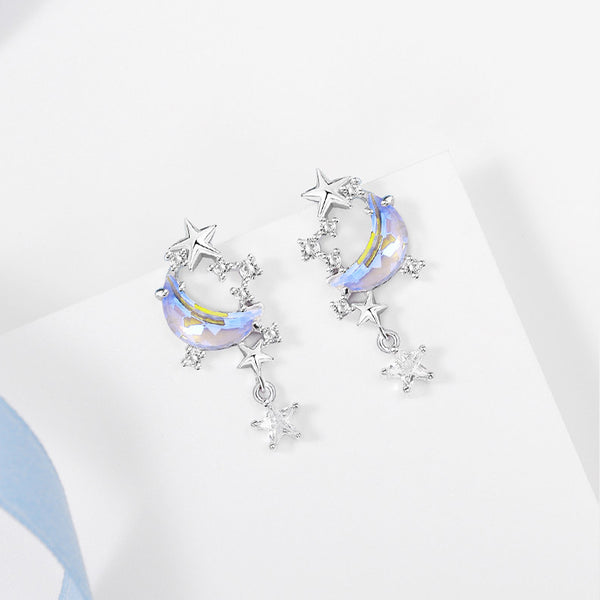 Sterling Silver Star and Moon Earrings Celestial Zircon Jewelry Elegant