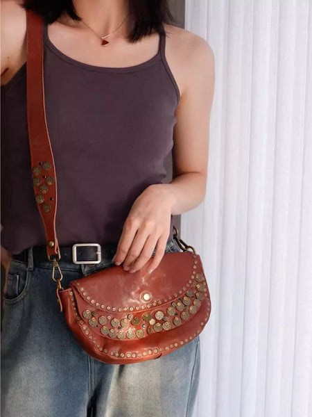 Boho Women's Small Crossbody Purse Brown Leather Shoulder Bag Studded With Rivets