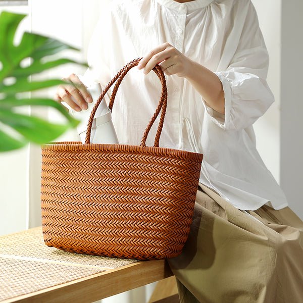 Stylish Womens Leather Tote Woven Top Handle Handbag For Women Accessories