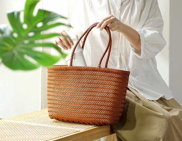 Stylish Womens Leather Tote Woven Top Handle Handbag For Women Beautiful