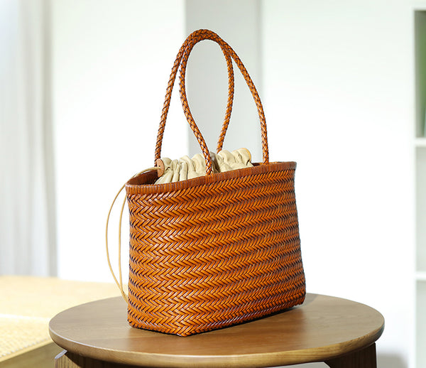 Stylish Womens Leather Tote Woven Top Handle Handbag For Women Chic