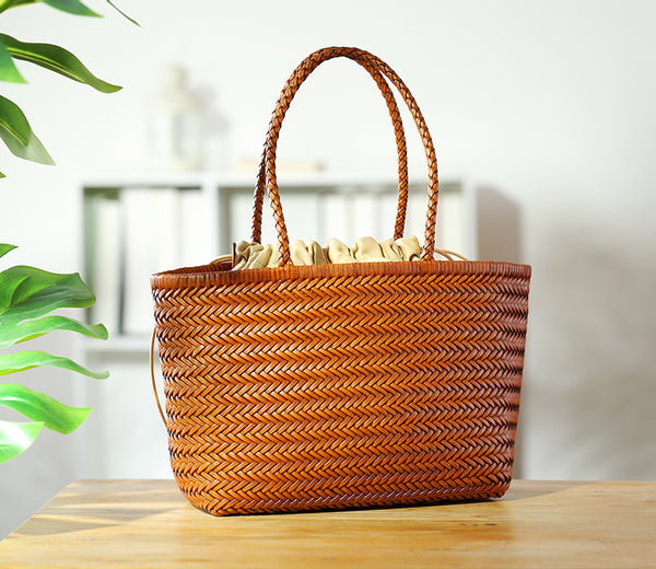 Stylish Womens Leather Tote Woven Top Handle Handbag For Women Classic