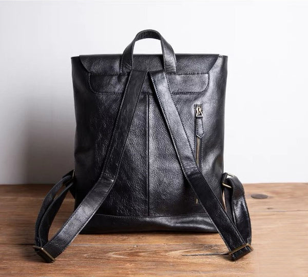 Vintage Black Leather Backpack Bag Womens Travel Cowhide Bag Back