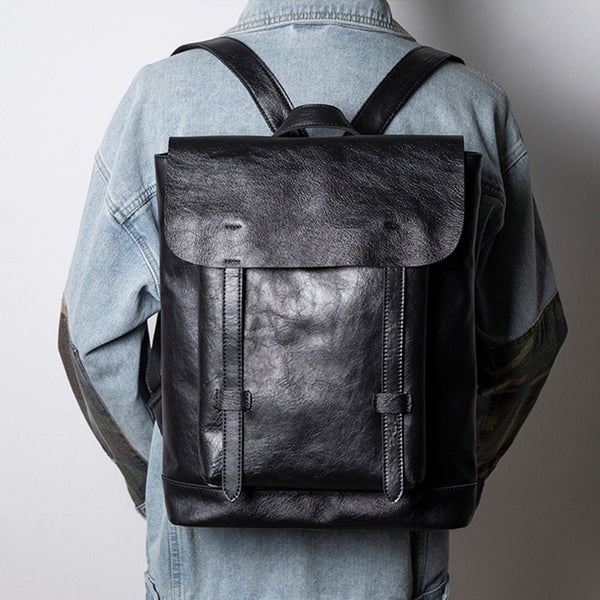Vintage Black Leather Backpack Bag Womens Travel Cowhide Bag Badass