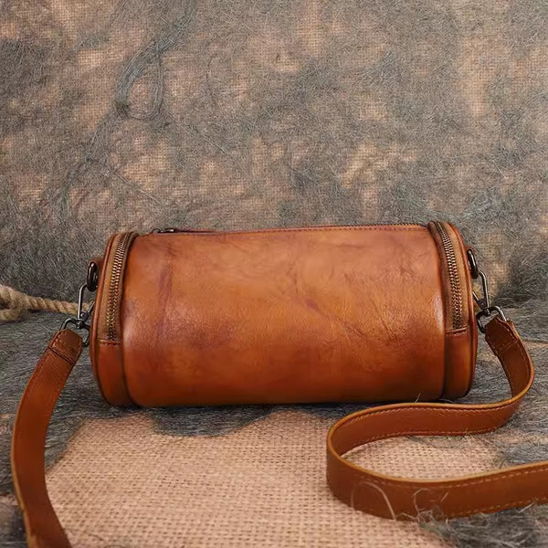 Vintage Brown Leather Barrel Shoulder Bag With Two Zipper Side Pockets Crossbody Bag For Women