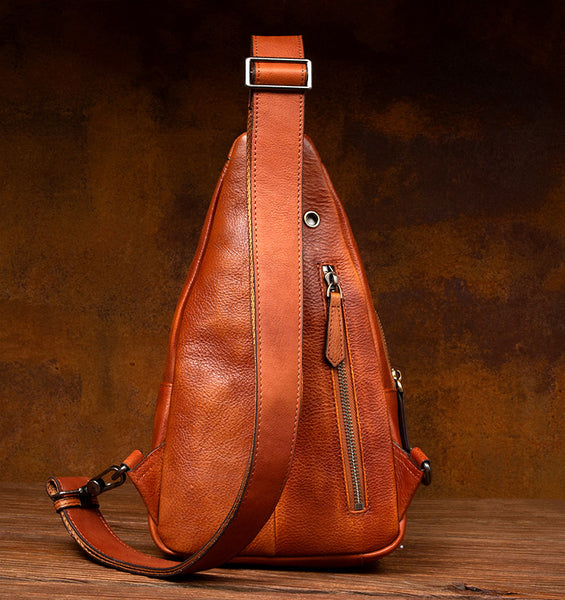 Vintage Brown Leather Crossbody Sling Bag - Full Grain Chest Bag for Women Badass