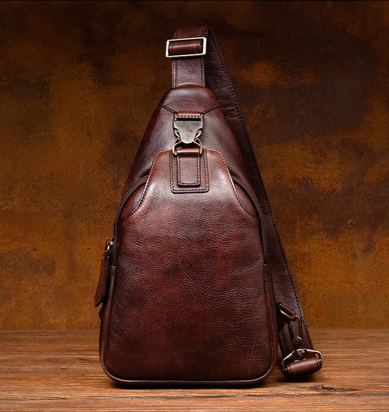 Vintage Brown Leather Crossbody Sling Bag - Full Grain Chest Bag for Women Quality