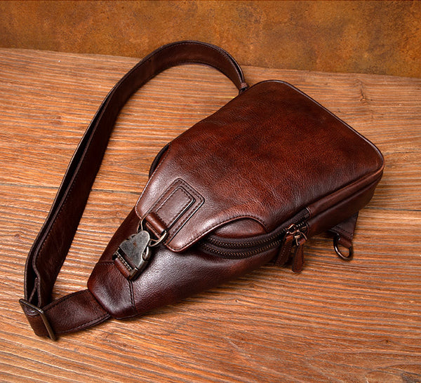 Vintage Brown Leather Crossbody Sling Bag - Full Grain Chest Bag for Women Stylish