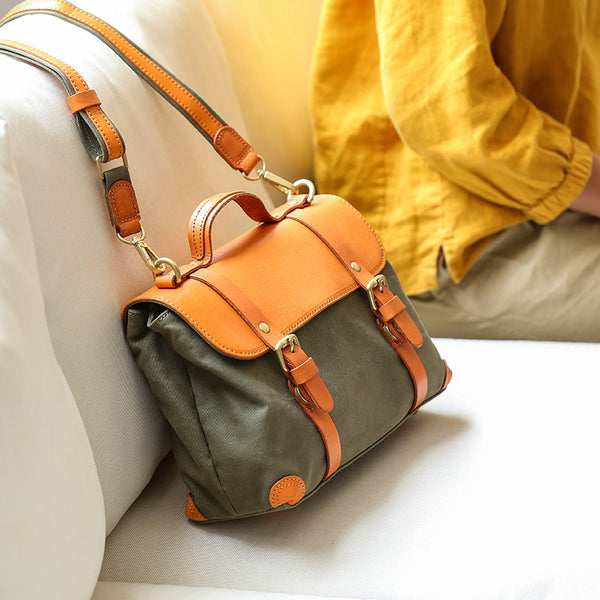 Vintage Canvas and Leather Messenger Bag for Women Retro Satchel Crossbody