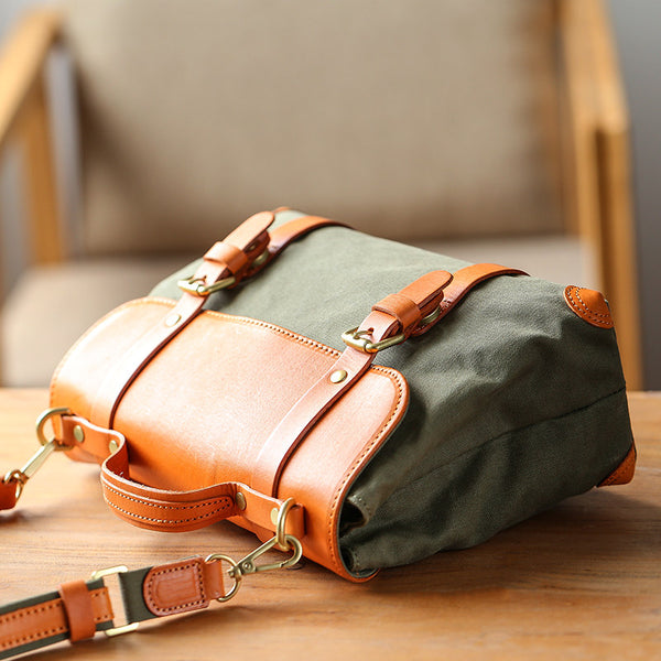 Vintage Canvas and Leather Messenger Bag for Women Retro Satchel Crossbody Brown